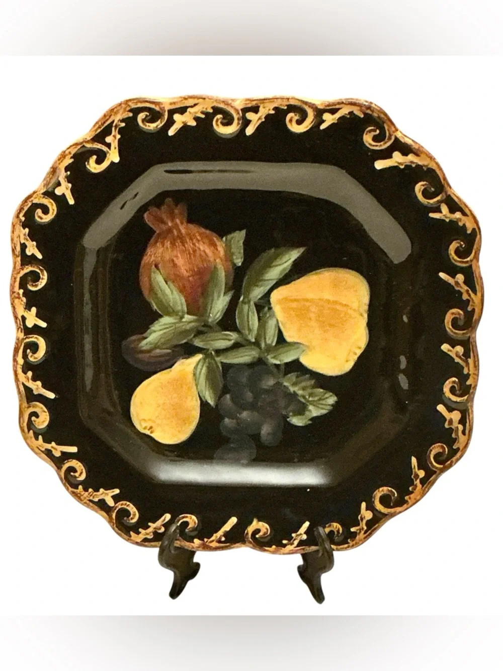 Raymond Waites Pompeii Fruit Salad/Dessert MCM Black Plates 8 1/2” Set of 4